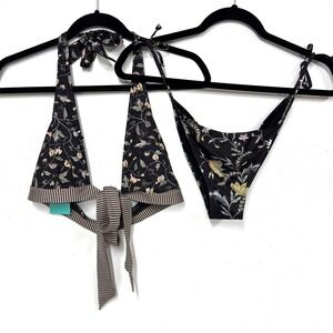 H&M Bikini Swimwear, Halter Top Size 8, String Bottom Size 6 Floral Striped NEW